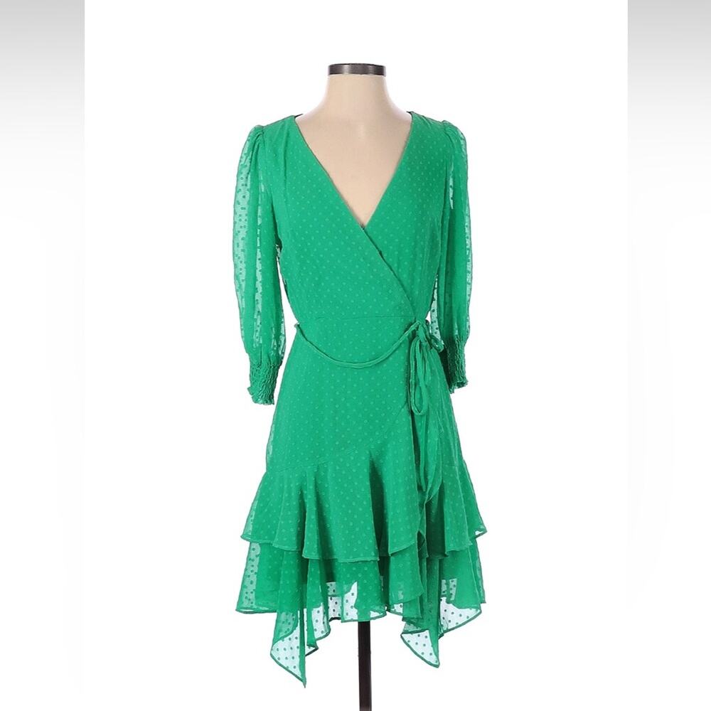 Maison Tara green dot chiffon ruffle faux wrap dress, size 4